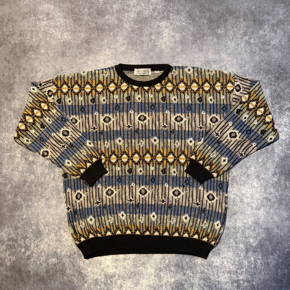 Vintage Progetto Mens XL Geometric Abstract Knit Sweater Made Italy Cotton Mix
